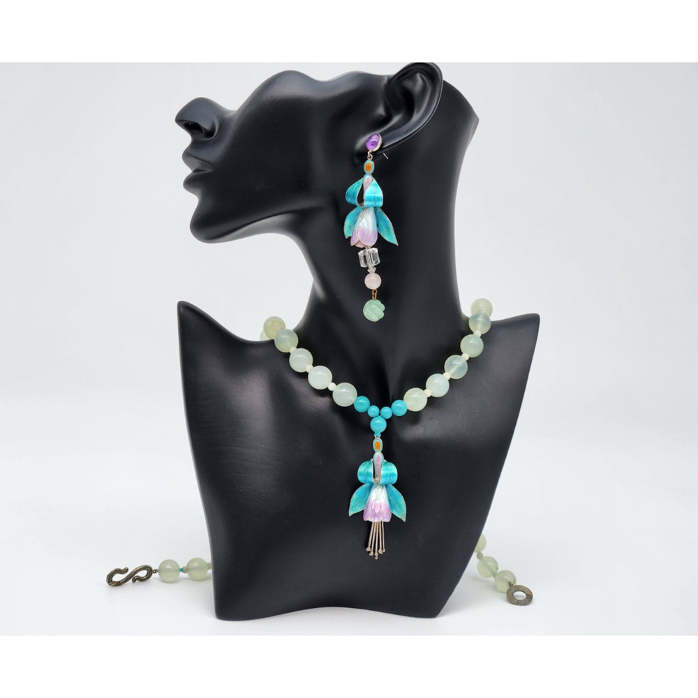 Vintage Sunya Currie Quartz Jade Bead Sterling Silver Necklace & Earrings 22''
